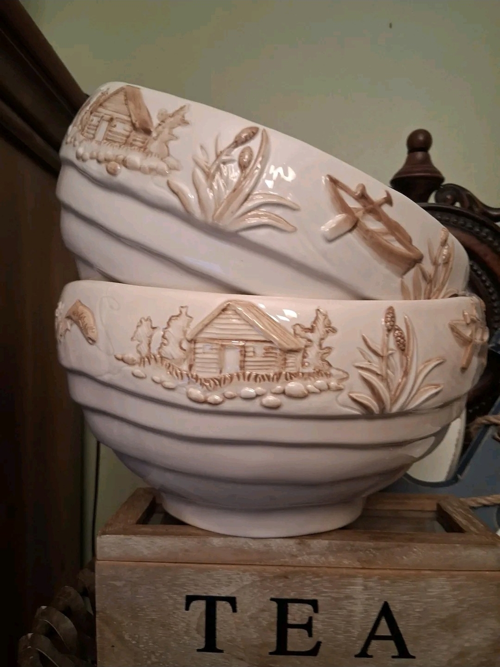 Cracker Barrel Cream and Brown Cabin Relief Ceramic Bowl- One Bowl